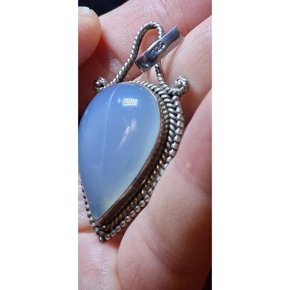 Blue Chalcedony Cabochon Pendant Vintage, 925 Sterling Silver